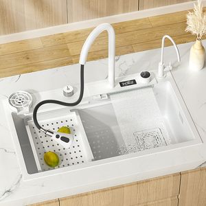 Robinet Cascade Blanc Évier De Cuisine En Acier Inoxydable Moderne Grand Évier Simple Bol Lavabo Cuisine Maison Avec Affichage Numérique