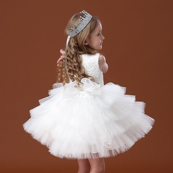 Blanco boda cumpleaños vestido encaje tutú princesa vestido Floral bordado niñas niños ropa niños fiesta para niña ropa 210331