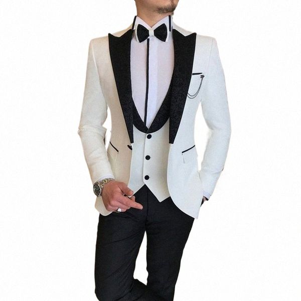 Blazer de mariage blanc hommes costumes simple poitrine noir pic revers formel ocn slim fit tenues de bal 3 pièces veste pantalon waiscoat 07Tm #