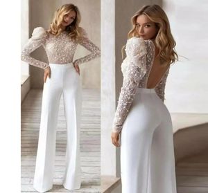 Witte trouwjurk jumpsuit voor vrouwen Backless Pants Set voor bruiden sprankelen met lange mouwen bruidsjurken gewaad Vestido de novi9145655