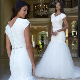 Vestidos de novia blancos Vestidos de novia Trompeta de sirena Formal Marfil Personalizado Nuevo Tallas grandes con cordones Botón con cremallera Apliques de encaje Cariño con mangas cortas Tul