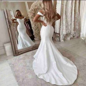 Witte trouwjurken aangepaste trompet Ivoorbruggen Off-shoulder zeemeermin lieverd mouwloze satijnen knop backless plus maat