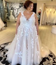 Vestidos de novia blancos Vestidos de novia de marfil Una línea Con cuello en V Sin mangas Hasta el suelo Apliques Tul con cuentas Cremallera personalizada Con cordones Tallas grandes Nuevo