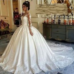 Vestidos de novia blancos Vestidos de novia de marfil Formal Una línea Apliques Cremallera personalizada Con cordones Tallas grandes Nuevo Hasta el suelo Manga larga Con cuentas Escote en V Satén Ilusión