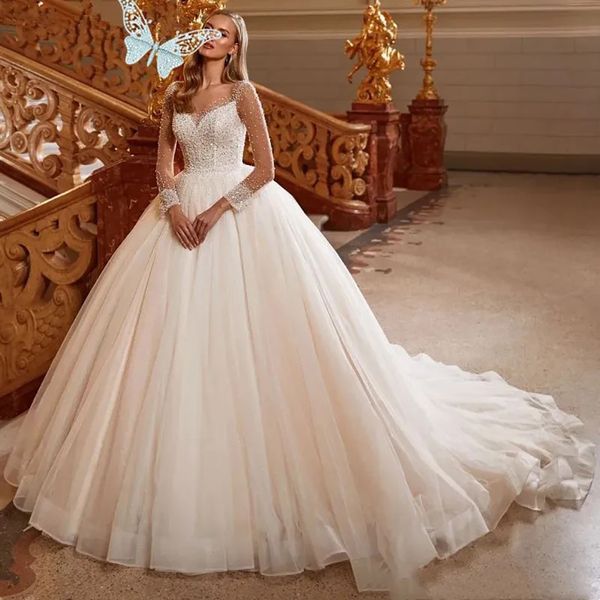 Vestidos de novia blancos Vestidos de novia de marfil Tul formal con cuentas Cremallera personalizada con cordones Tallas grandes Nuevo Manga larga Cariño Tren de barrido Lentejuelas