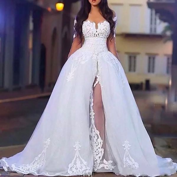 Vestidos de novia blancos Vestidos de novia de marfil Escote en V Una línea Tul Organza Manga larga NINGUNO Tren Tallas grandes con cordones personalizados Apliques con cremallera