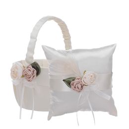 Ensemble d'oreillers d'anneau de panier de fleur de mariage blanc avec des paniers de fille de mariée de rose de soie H-5778b