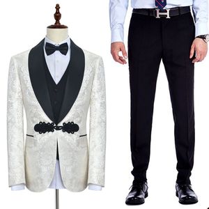 Smoking de mariage blanc pour le marié 3 pièces Slim Fit Floral Jacquard Costumes Châle Revers Costume Veste avec Pantalon Gilet