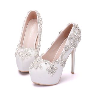 Femmes blanches talons hauts strass diamant Bling chaussures de mariage robe de soirée de mariée pompes