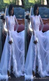 Combinaison femme blanche avec train détachable col haut dentelle appliquée cristal à manches longues robe de bal de luxe plume soirée formelle G3625492