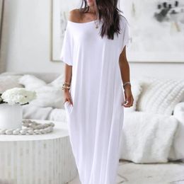 Witte dames maxi jurk dagelijkse casual losse elegante schouderpocket met korte mouwen streetwear vrouw 240418