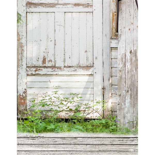 Blanc Porte En Bois Vinyle Toile De Fond Vert Herbe Bébé Nouveau-Né Séance Photo Papier Peint Enfants Enfants En Plein Air Photographie Fond Plancher De Bois