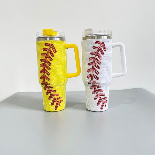 Tasse à bière blanche et jaune, bouteille d'eau à double paroi en acier inoxydable, imprimé baseball, strass scintillants, gobelet quencher de 40 oz avec poignée, couvercle et paille, vendu à la caisse