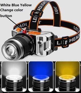 Blanco Amarillo Luz Azul Led Faro Batería Incorporada Pesca Bombillas Recargables Linterna Cabeza Linterna Lámpara Antorcha Para Caza Camping