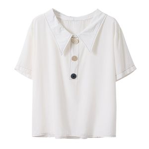 Blanco Amarillo Turn Down Collar Camisa de manga corta Chifón Sólido Verano Mujer Botón B0634 210514