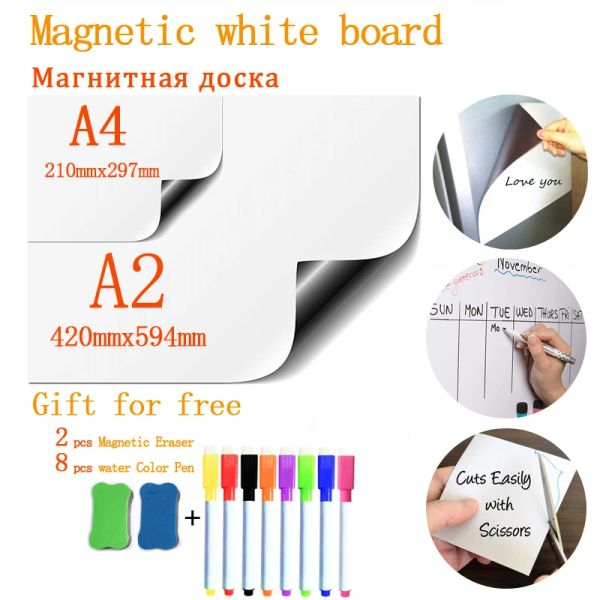 Tableau blanc A2 + A4 Taille magnétique Blanche de réfrigérateur Stickers pour enfants Dry Eraser School Mémo Présentation du babillard de dessin de l'écriture