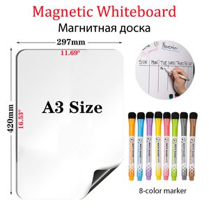Tableau blanc magnétique de taille A3, effaçable à sec, planificateur hebdomadaire et mensuel, autocollants pour réfrigérateur, calendrier de menu avec marqueur de 8 couleurs, 230412