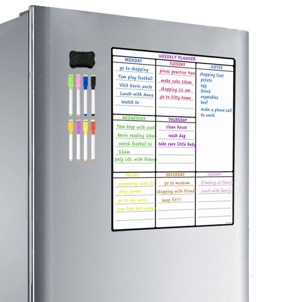 Feuille de tableau blanc magnétique pour réfrigérateur de cuisine, réfrigérateur polyvalent, calendrier hebdomadaire pour la planification des menus avec 8 stylos 230914