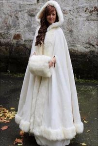 Whiteivory Bridal Cape Wedding Cloaks Hooded avec une garniture en fausse fourrure Hiver d'adulte chaud pour l'hiver Bridal Wrapscapesponcho3654468