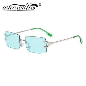 WHO CUTIE Vintage vert sans monture rectangle lunettes de soleil femmes métal carré lunettes de soleil dégradé lentille sans cadre nuances UV400 240226