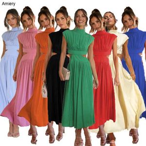 Whoelsale 23 años dulce moda verano mujeres vestidos con cuello alto nueva Color sólido ahueca hacia fuera Maxi vestido largo elegante señoras