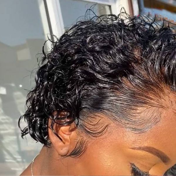 Wholale Short Cut Human para mujeres negras, cabello rubio brasileño HD, peluca de medio encaje con rizos de duendecillo virgen