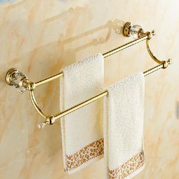 Venta al por mayor y al por menor, toallero de baño de latón dorado, toalleros dobles con perchas de cristal, toallero de latón macizo