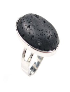 Bague en argent plaqué redimensionnable, 10 pièces, forme ovale, pierre de lave noire, Howlite blanche, bijoux 7955334