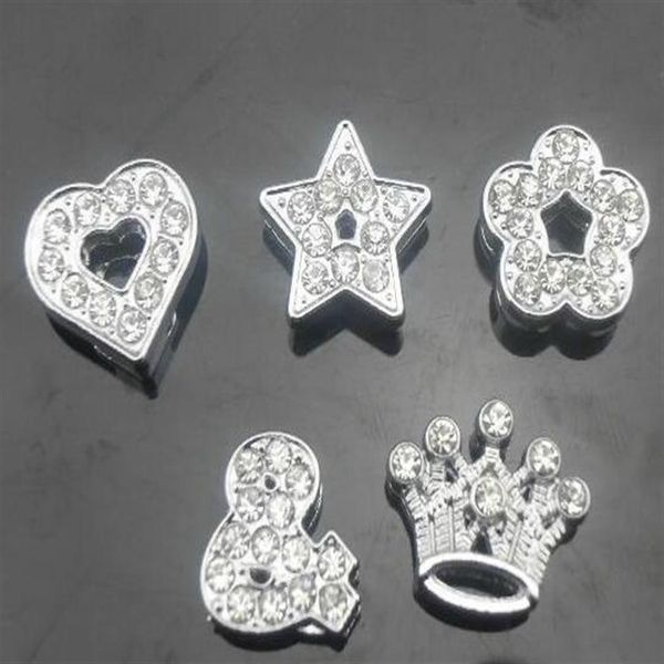 Ensemble de 100 pièces par lot de 10mm, mélange de styles, cœur, étoile, couronne, fleur, strass complets, breloques coulissantes, adaptées au bracelet en cuir de 10MM, bricolage, 230Z