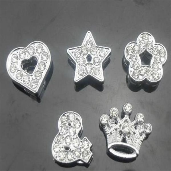 Ensemble de 100 pièces par lot de 10mm, mélange de styles, cœur, étoile, couronne, fleur, strass complets, breloques coulissantes, adaptées au bracelet en cuir de 10MM, bricolage, 240v