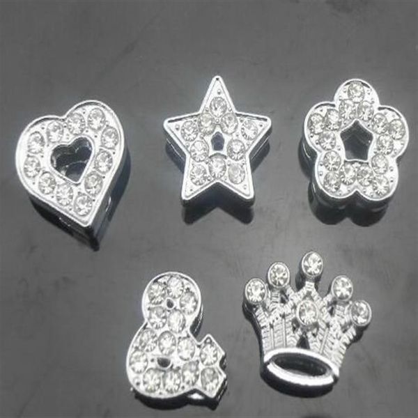 Styles de mix 10 mm de 100 mm entiers fleur de la couronne étoile Fleur de la couronne complète Slide Charms Fit pour le bracelet en cuir bricolage 10 mm224H