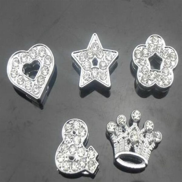 Ensemble de 100 pièces par lot de 10mm, mélange de styles, cœur, étoile, couronne, fleur, strass complets, breloques coulissantes, adaptées au bracelet en cuir de 10MM, DIY, 310M