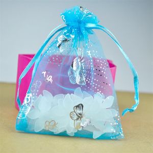 Hele 100 stks veel 9x12 cm gift wrap Lake Blue Organza Sieraden Gift Pouch Tassen Tasje Vlinder Pattern2822