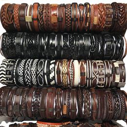 Ensemble 100pcs / lot Bracelets en cuir de manchette faits à la main en cuir véritable bracelet de mode bracelets pour hommes femmes bijoux mélanger les couleurs bra279F