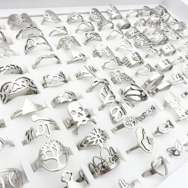 Todo 100 unids / lote para hombre para mujer anillos de banda de acero inoxidable patrones de corte láser de plata flores talladas huecas estilos de mezcla moda Jew250J