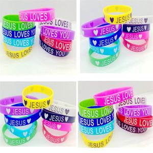 Hele 100 stks Veel Tow Mix Stijl Multi-kleuren Jesus Loves Heart Siliconen Armband Manchet Polsband Voor Man Women247U