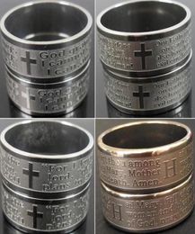 Todo 100 piezas Top Mix Anillos religiosos Grabado Jesús Oración Anillo de acero inoxidable Grabado Hombres Religión Fe Anillo Actividad de la iglesia 15283327591