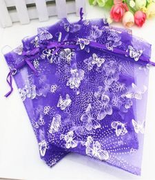 Sacs d'emballage cadeau en Voile Organza, 100 pièces par lot, 9x12cm, papillon violet, noël, mariage, pochettes 4351855
