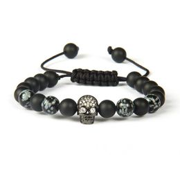 Ensemble de 10 pièces par lot de 8mm de qualité, agate mate et pierre d'obsidienne avec bracelet en macramé avec crâne noir clair Cz pour hommes 301r