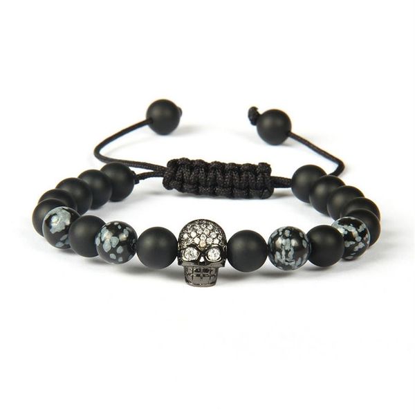 Todo 10pcs / lot 8mm calidad mate ágata y piedra de obsidiana con Clear Cz Black Skull Macrame pulsera para Men293t