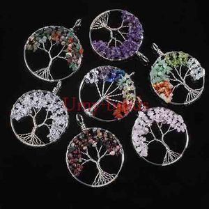 Hele 10Pcs Verzilverd Natuurlijke Grind Edelsteen Kronkelende Ronde Vorm Kralen Levensboom Hearling Ponit Chakra Stenen Hanger J2602