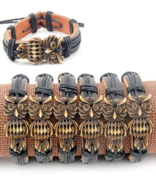 Todo 12 unidsLOT Cool Boy Hombres Estilo Tribal Búho Pulseras de cuero Envoltura negra Pulseras de cáñamo Brazaletes regalos 9134881