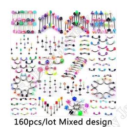 Whole-160pcs / set Body Piercing Assorted Mix Lot Kit 14G 16G Ball Spike Curved Sexy-Belly Anneaux Oreille Langue Pircing Barbell Bars227S