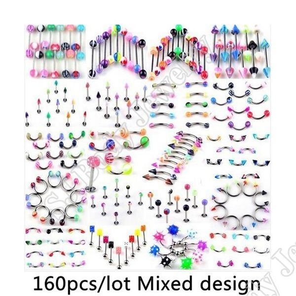 Ensemble de 160 pièces de piercing pour le corps, mélange assorti, Kit de 14G 16G, boule courbée, anneaux de ventre sexy, langue d'oreille, piratage d'haltères, barres d'haltères297S