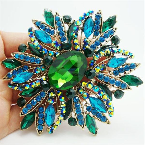 Whole-2014 nouvelle mode élégante fleur plaqué or grande broche broche vert strass Crystal210y