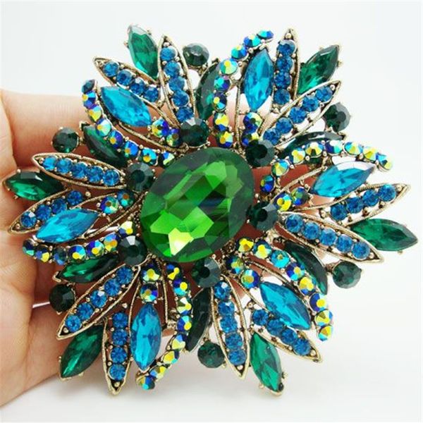 Whole-2014 nouvelle mode élégante fleur plaqué or grande broche broche vert strass Crystal2377