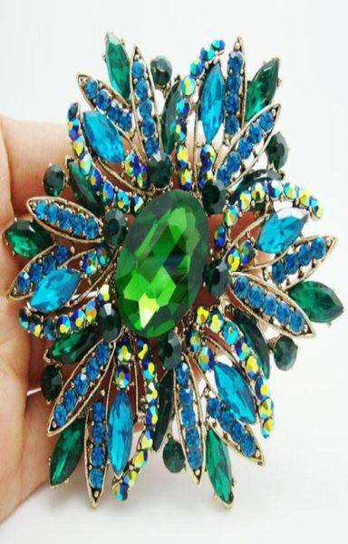 Toute nouvelle mode 2014 fleur élégante plaquée or grande broche broche strass vert Crystal5219816