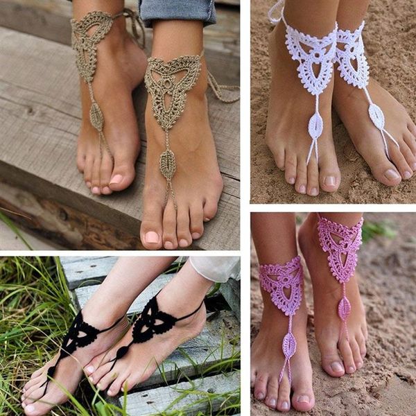 Todo-2015 nuevo 2 pares adornados sandalias descalzas playa boda nupcial tejido tobillera cadena de pie #81096235h