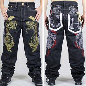 Hele-2015 Nieuwe Mode Heren Wijde Pijpen Jeans Geborduurde Goud Python Losse Broek Schaatsen Hiphop Street Rap Dance broek S303r