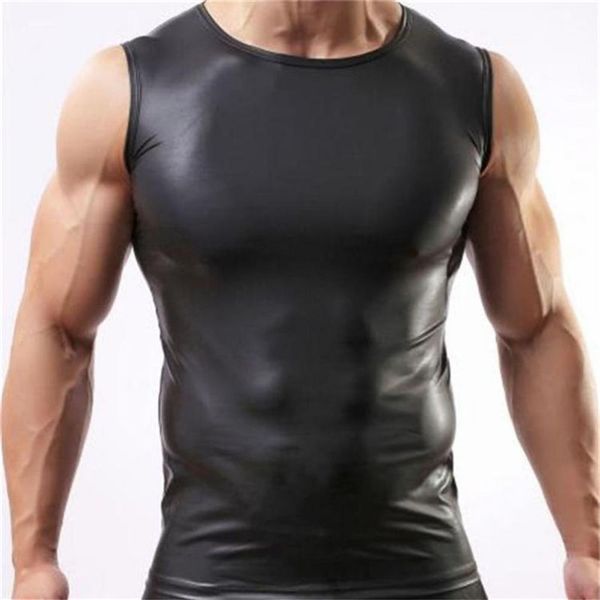 Entier-2016 couleur noire hommes Sexy gilet Faux cuir solide mâle débardeurs sous-vêtements mince porter taille M L XL Whole260I